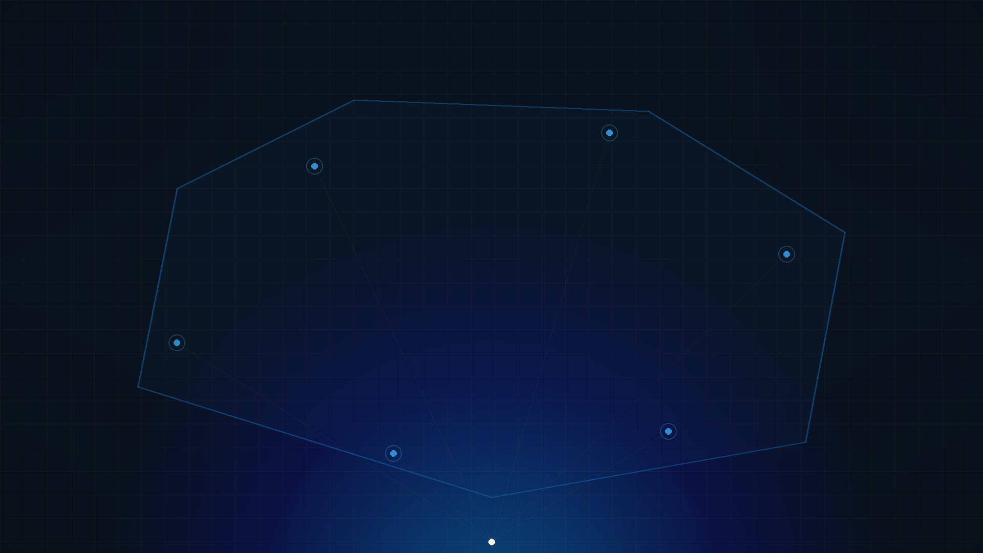 Illustrated night perimeter scan of a property with camera coverage points, in navy and amber tones